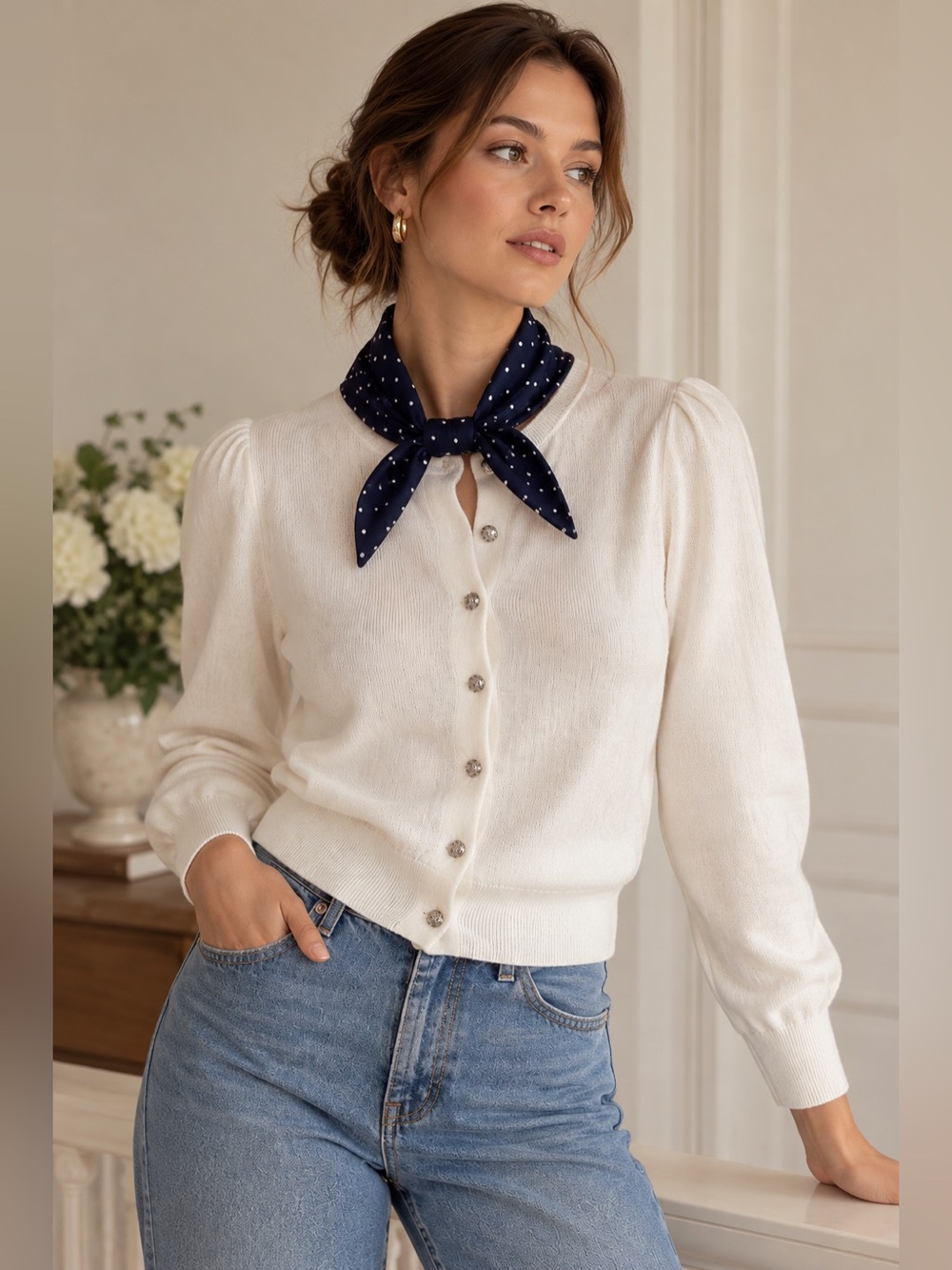 Lauren Ralph Lauren Cream Puff Sleeve Knit Cardigan Silver Buttons Size L